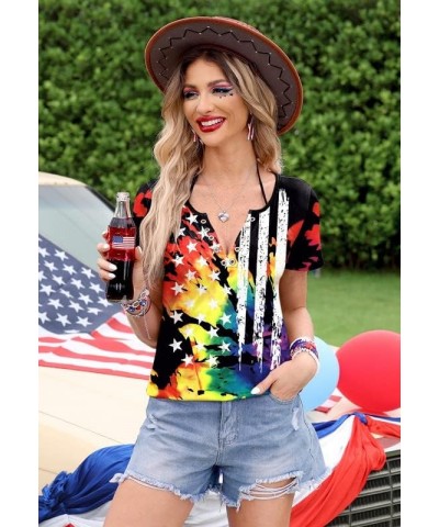 4th of July Women's American Flag Patriotic Ring Hole Short Sleeve T-Shirt Flag Tie Dye $10.32 T-Shirts