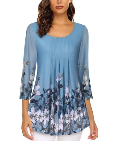 Women's Casual 3/4 Sleeve Tunic Tops Floral Double Layers Blouses Loose Fit Pleated Mesh Shirts Blue White $11.00 Tops