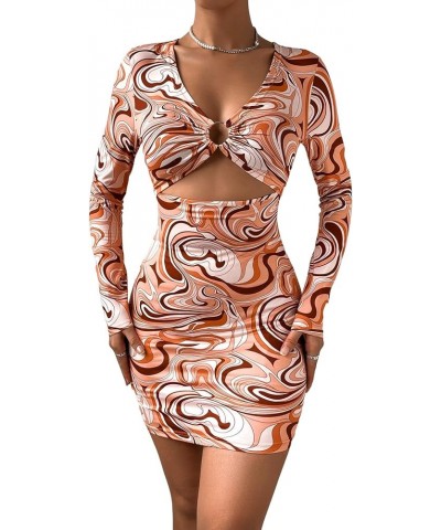 Women's Marble Print Long Sleeve V Neck Cut Out Ring Bodycon Mini Dress Multicolor $19.59 Dresses