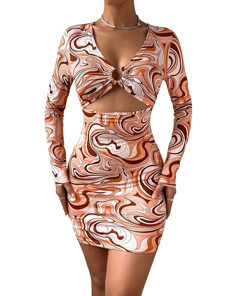 Women's Marble Print Long Sleeve V Neck Cut Out Ring Bodycon Mini Dress Multicolor $19.59 Dresses