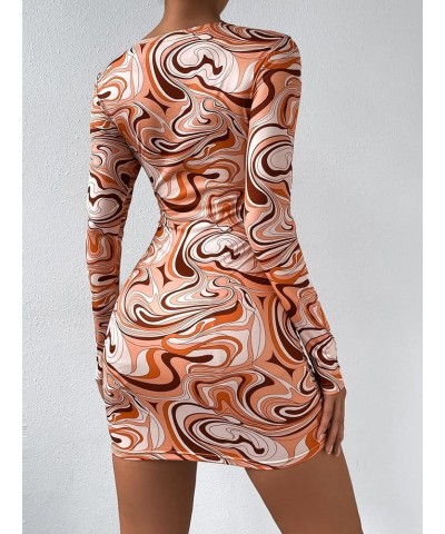 Women's Marble Print Long Sleeve V Neck Cut Out Ring Bodycon Mini Dress Multicolor $19.59 Dresses