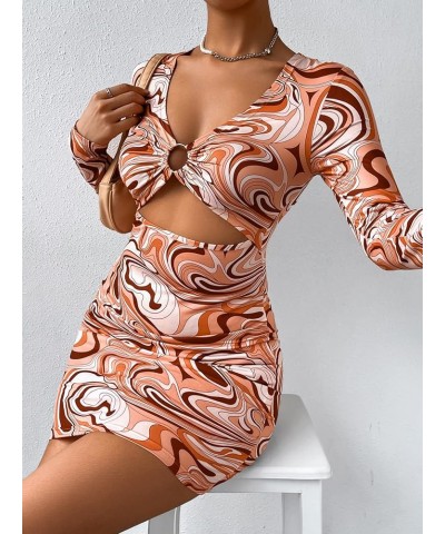 Women's Marble Print Long Sleeve V Neck Cut Out Ring Bodycon Mini Dress Multicolor $19.59 Dresses