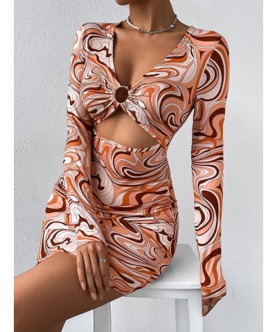 Women's Marble Print Long Sleeve V Neck Cut Out Ring Bodycon Mini Dress Multicolor $19.59 Dresses