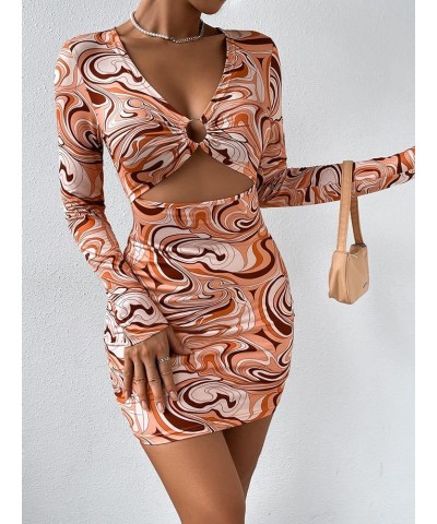 Women's Marble Print Long Sleeve V Neck Cut Out Ring Bodycon Mini Dress Multicolor $19.59 Dresses