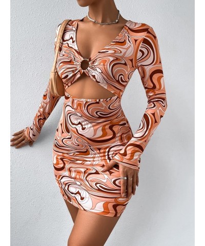 Women's Marble Print Long Sleeve V Neck Cut Out Ring Bodycon Mini Dress Multicolor $19.59 Dresses