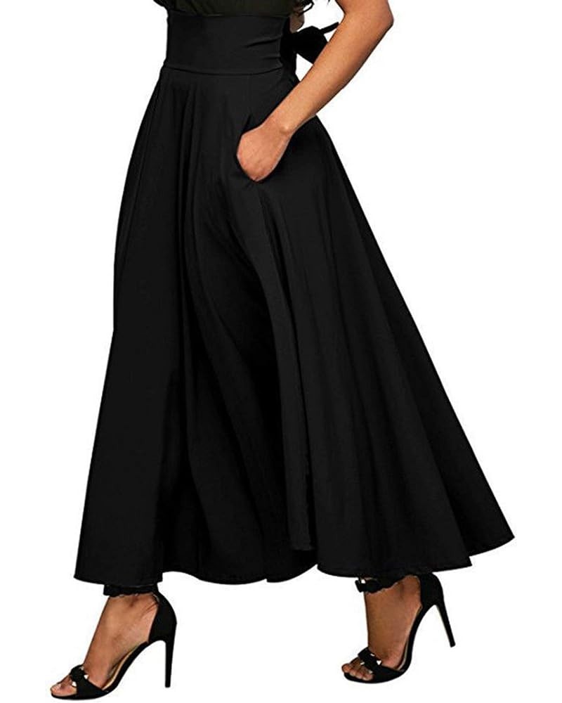 Women's Ankle Length High Waist A-line Flowy Long Maxi Skirt with Pockets Black $9.24 Skirts