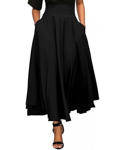 Women's Ankle Length High Waist A-line Flowy Long Maxi Skirt with Pockets Black $9.24 Skirts