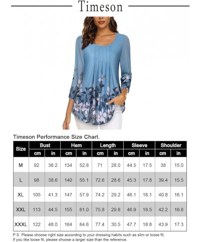 Women's Casual 3/4 Sleeve Tunic Tops Floral Double Layers Blouses Loose Fit Pleated Mesh Shirts Blue White $11.00 Tops