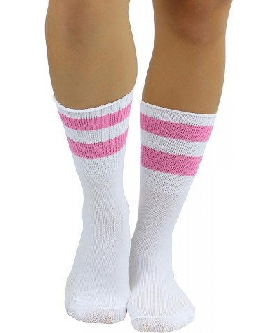 Women's Acrylic Ankle Hi With Double Stripe Top Crew Fun Athletic Socks White/Pink $9.48 Activewear