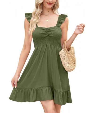 Womens Casual Summer Babydoll Smocked Sleeveless Beach Mini Sundresses Olive $18.87 Dresses