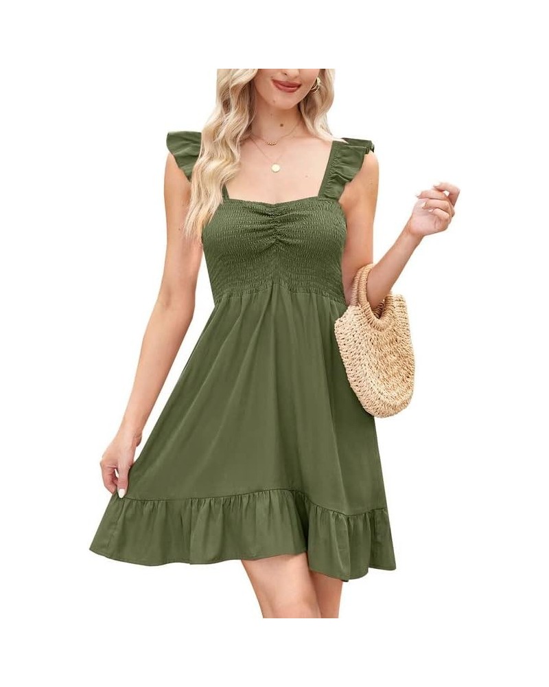 Womens Casual Summer Babydoll Smocked Sleeveless Beach Mini Sundresses Olive $18.87 Dresses