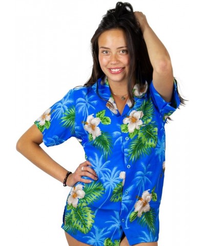 Funky Hawaiian Shirt Blouse Women Shortsleeve Frontpocket Hawaiian-Print Leaves Flowers Allover Unisex Lightblue $14.20 Blouses