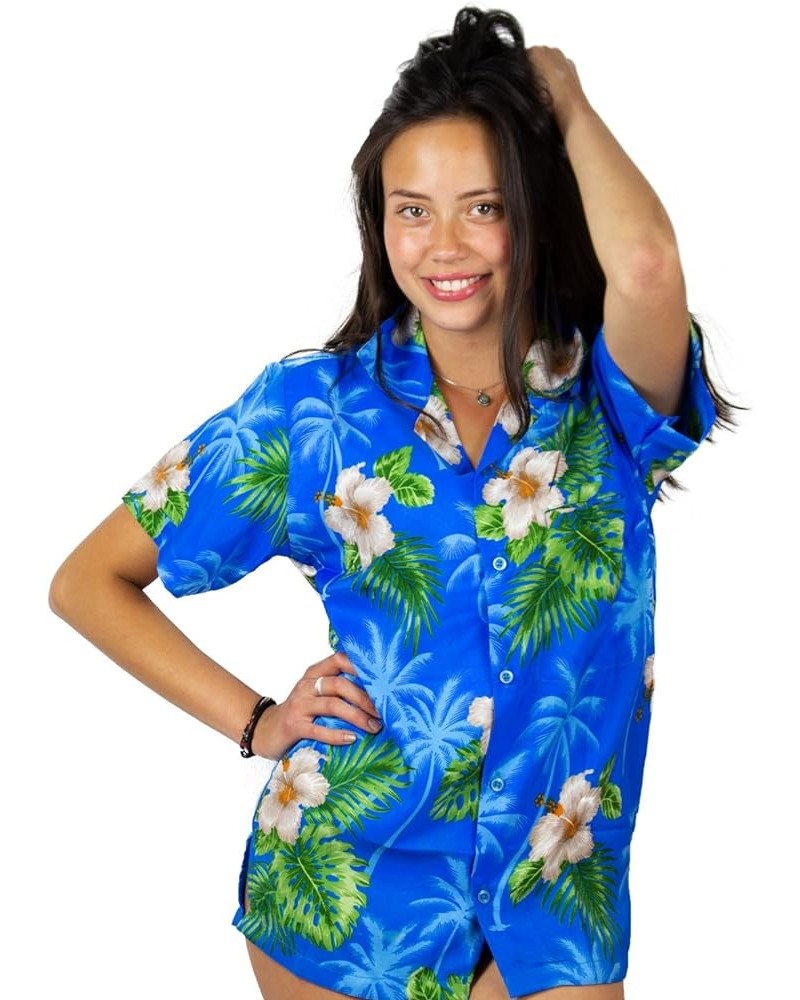 Funky Hawaiian Shirt Blouse Women Shortsleeve Frontpocket Hawaiian-Print Leaves Flowers Allover Unisex Lightblue $14.20 Blouses