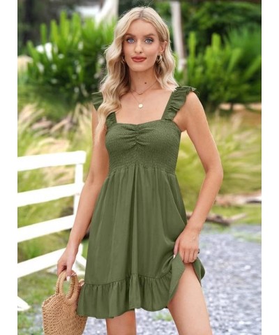 Womens Casual Summer Babydoll Smocked Sleeveless Beach Mini Sundresses Olive $18.87 Dresses