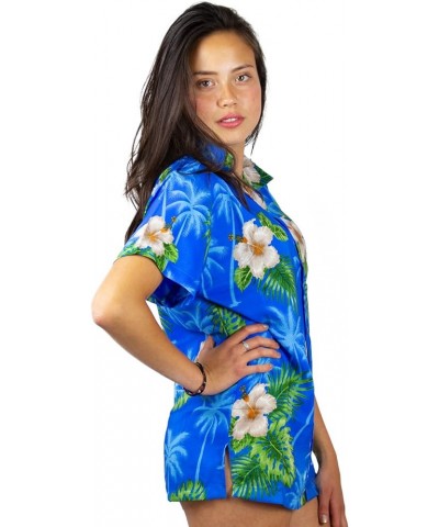 Funky Hawaiian Shirt Blouse Women Shortsleeve Frontpocket Hawaiian-Print Leaves Flowers Allover Unisex Lightblue $14.20 Blouses