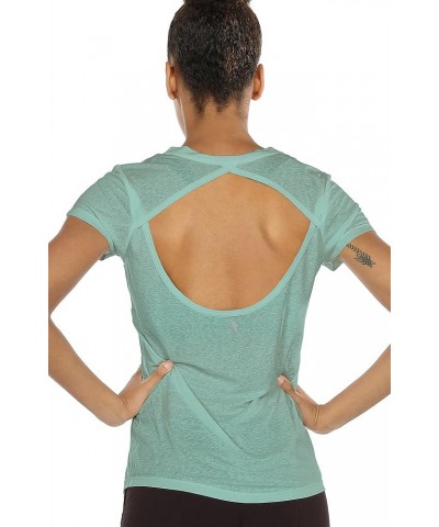 Open Back Workout T-Shirts for Women - Running Gym Shirts Yoga Tops Exercise Short Sleeves Agate Green $9.50 Activewear