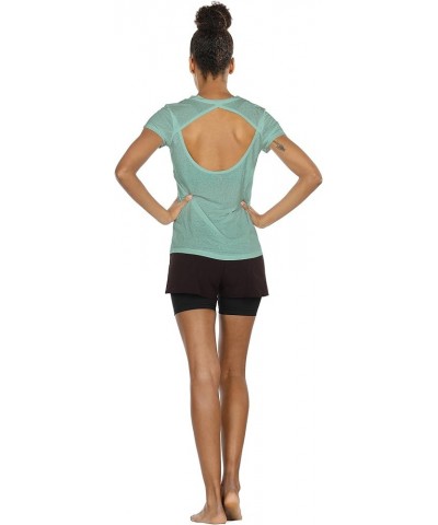 Open Back Workout T-Shirts for Women - Running Gym Shirts Yoga Tops Exercise Short Sleeves Agate Green $9.50 Activewear