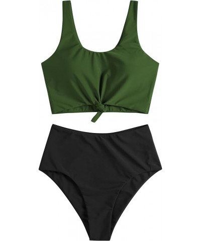 Women's High Waisted Tankini Scoop Neck Knotted Two Pieces Tankini Set Swimsuit 2-green Black $20.78 Swimsuits