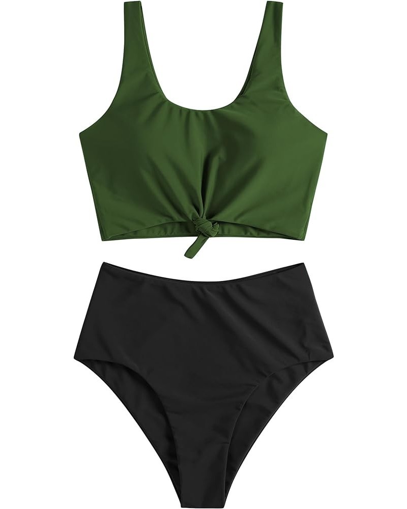 Women's High Waisted Tankini Scoop Neck Knotted Two Pieces Tankini Set Swimsuit 2-green Black $20.78 Swimsuits