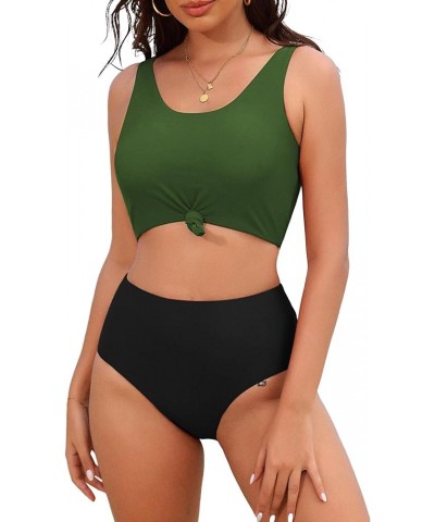 Women's High Waisted Tankini Scoop Neck Knotted Two Pieces Tankini Set Swimsuit 2-green Black $20.78 Swimsuits