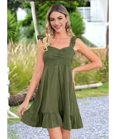 Womens Casual Summer Babydoll Smocked Sleeveless Beach Mini Sundresses Olive $18.87 Dresses