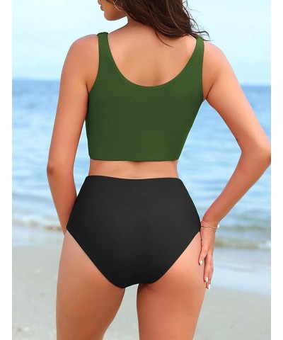 Women's High Waisted Tankini Scoop Neck Knotted Two Pieces Tankini Set Swimsuit 2-green Black $20.78 Swimsuits