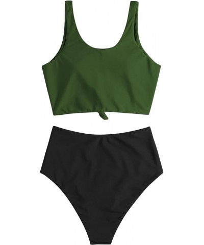 Women's High Waisted Tankini Scoop Neck Knotted Two Pieces Tankini Set Swimsuit 2-green Black $20.78 Swimsuits