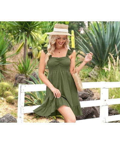 Womens Casual Summer Babydoll Smocked Sleeveless Beach Mini Sundresses Olive $18.87 Dresses