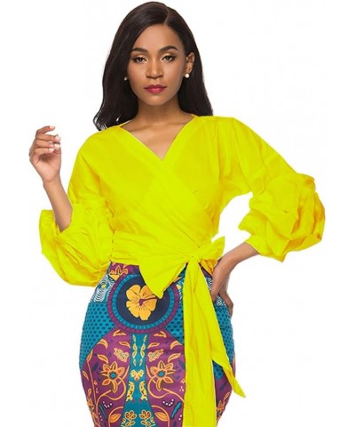 Women V Neck 3/4 Puff Sleeve Casual Belt Tie Wrap Top Blouse Yellow $12.69 Blouses