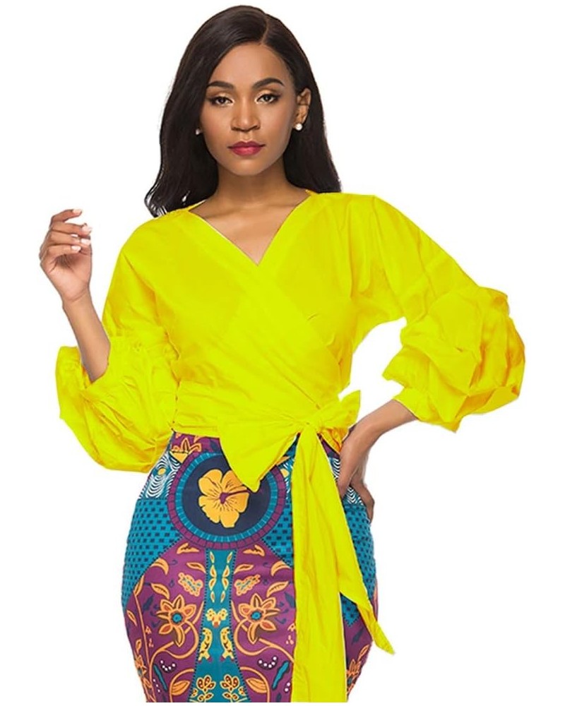 Women V Neck 3/4 Puff Sleeve Casual Belt Tie Wrap Top Blouse Yellow $12.69 Blouses