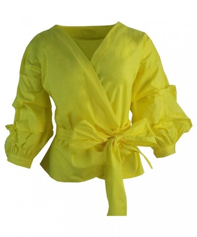 Women V Neck 3/4 Puff Sleeve Casual Belt Tie Wrap Top Blouse Yellow $12.69 Blouses