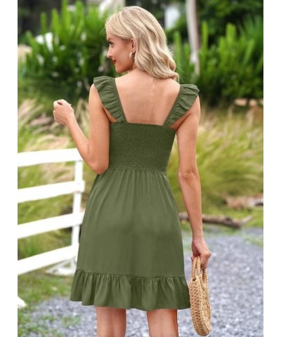 Womens Casual Summer Babydoll Smocked Sleeveless Beach Mini Sundresses Olive $18.87 Dresses