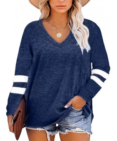 Womens Plus Size Tops V Neck T Shirt Color Block Long Sleeve Casual Tunic Tops Navy $11.39 Tops