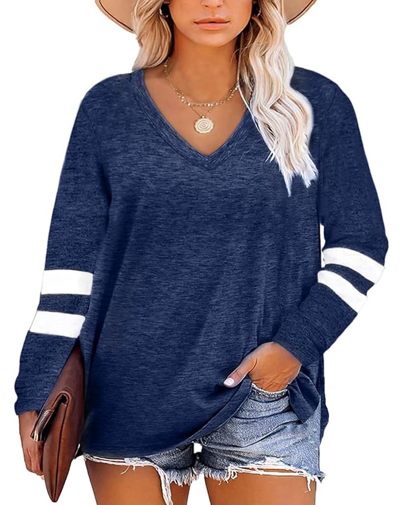 Womens Plus Size Tops V Neck T Shirt Color Block Long Sleeve Casual Tunic Tops Navy $11.39 Tops