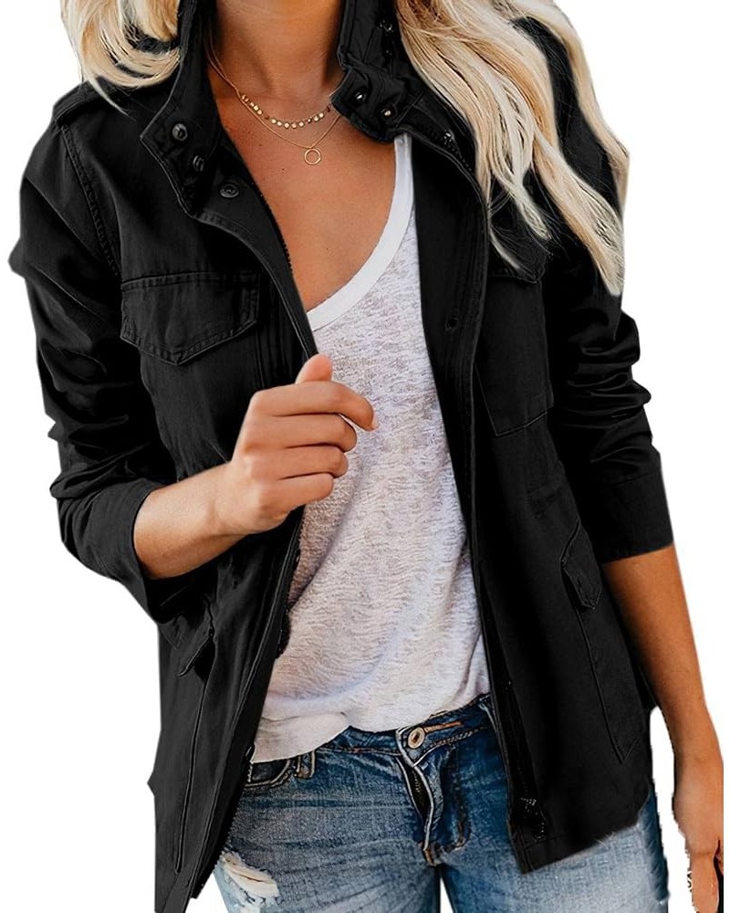 Fall Jackets for Women Lightweight Casual Zip Up Hoodie Cargo Jacket Military Anorak Black $18.06 Jackets