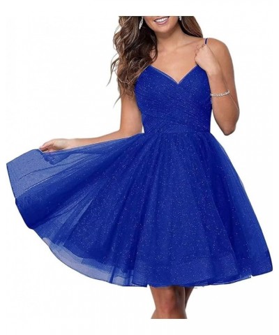 Teens Homecoming Dresses Short Sparkly V Neck Glitter Tulle Spaghetti Straps Prom Graduation Dress Royal Blue $22.00 Dresses