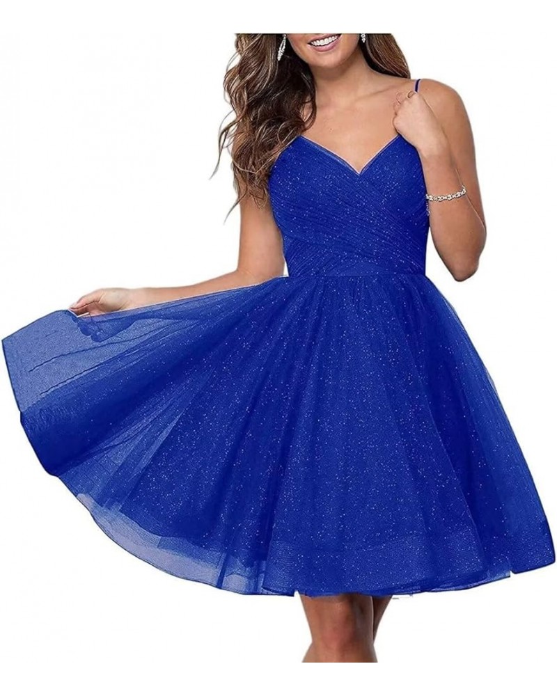 Teens Homecoming Dresses Short Sparkly V Neck Glitter Tulle Spaghetti Straps Prom Graduation Dress Royal Blue $22.00 Dresses