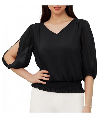 Elegant Blouses for Women 3/4 Chiffon Lantern Sleeve V Neck Elastic High Waist Slit Cutout Tops Office Work Black $16.73 Blouses