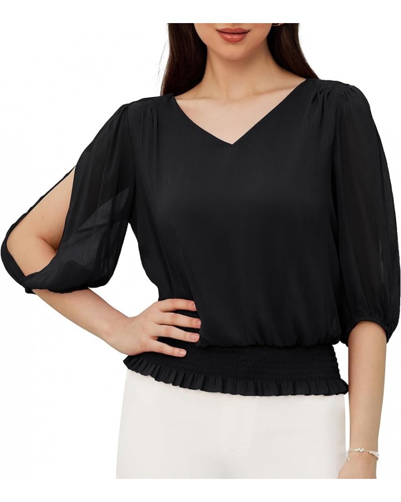 Elegant Blouses for Women 3/4 Chiffon Lantern Sleeve V Neck Elastic High Waist Slit Cutout Tops Office Work Black $16.73 Blouses