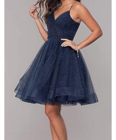 Teens Homecoming Dresses Short Sparkly V Neck Glitter Tulle Spaghetti Straps Prom Graduation Dress Royal Blue $22.00 Dresses