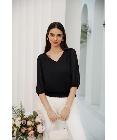 Elegant Blouses for Women 3/4 Chiffon Lantern Sleeve V Neck Elastic High Waist Slit Cutout Tops Office Work Black $16.73 Blouses