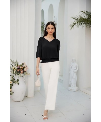 Elegant Blouses for Women 3/4 Chiffon Lantern Sleeve V Neck Elastic High Waist Slit Cutout Tops Office Work Black $16.73 Blouses