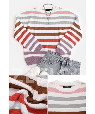 Women's 2024 Fall Long Sleeve Crew Neck Striped Color Block Casual Loose Knitted Pullover Sweater Tops Purple $18.54 Sweaters