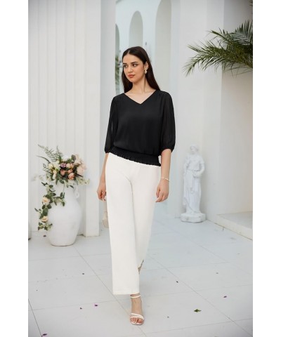 Elegant Blouses for Women 3/4 Chiffon Lantern Sleeve V Neck Elastic High Waist Slit Cutout Tops Office Work Black $16.73 Blouses