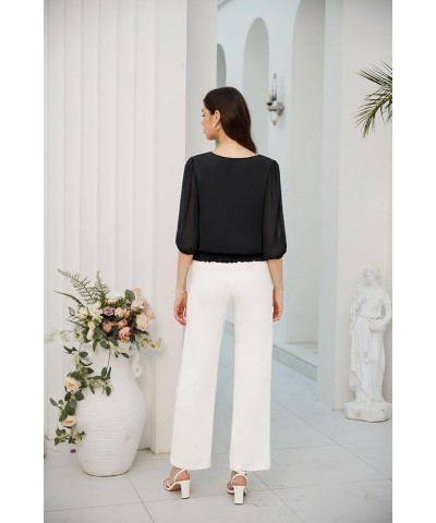 Elegant Blouses for Women 3/4 Chiffon Lantern Sleeve V Neck Elastic High Waist Slit Cutout Tops Office Work Black $16.73 Blouses