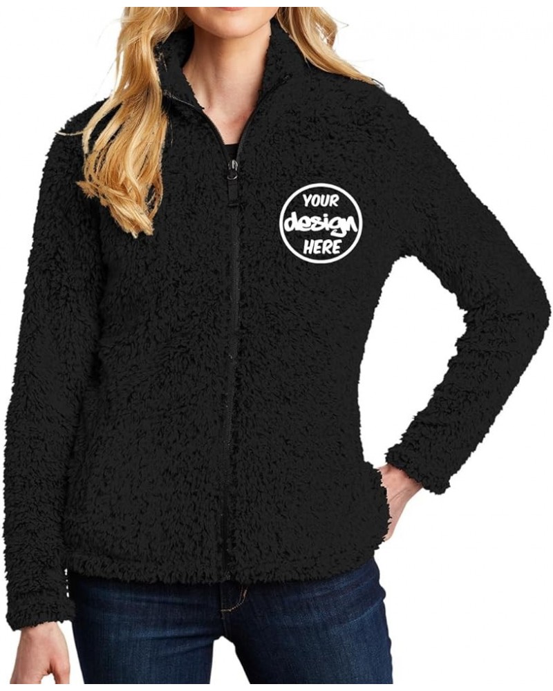 L131 Women Custom Design Embroidery Sherpa Cozy Fleece Warm Zip Up Jackets Black $26.51 Jackets