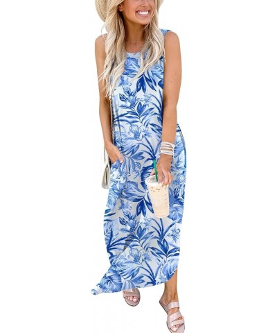 Women's Casual Loose Summer Long Dress Sleeveless Split Beach Maxi Dresses with Pockets Print Blue Flower $17.60 Dresses