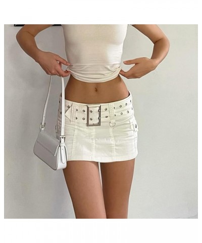 Women Low Waist Pleated Skirt Y2k Cargo Short Denim Skirt Casual Mini A-line Jean Skirt 90s Streetwear B White $7.64 Skirts