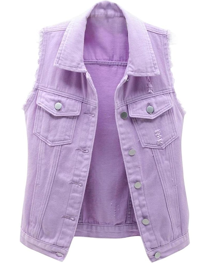 Women Casual Cropped Denim Jacket Sleeveless Button Up Distressed Jean Jackets Slim Fit Lapel Waistcoat Vest 2022 Purple $9.4...