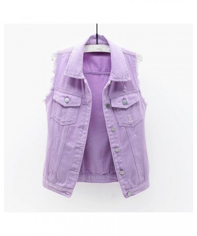 Women Casual Cropped Denim Jacket Sleeveless Button Up Distressed Jean Jackets Slim Fit Lapel Waistcoat Vest 2022 Purple $9.4...